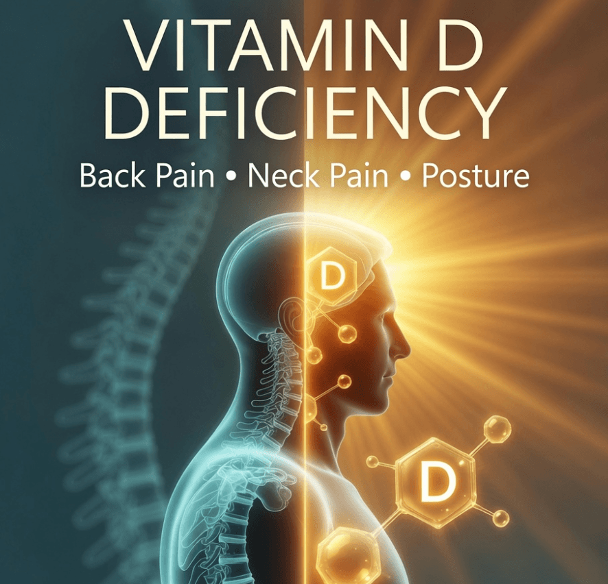Vitamin D deficiency is common, biologically linked to muscle weakness, bone softening, inflammation, and postural decompensation, and observationally associated with higher odds of back pain, widespread pain, and (in severe cases) postural deformities such as kyphosis.