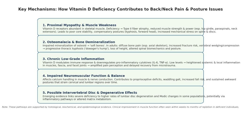 Infographic titled Key Mechanisms: How Vitamin D Deficiency Contributes to Back/Neck Pain and Posture Issues, covering proximal myopathy, osteomalacia, chronic inflammation, impaired neuromuscular function, and intervertebral disc effects.